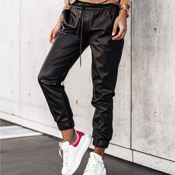 Pocketed Drawstring Faux Leather Joggers - Picture 3 of 5